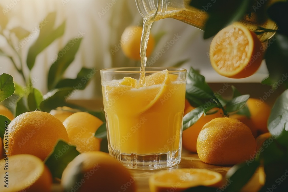 Refreshing Orange Juice with Fresh Oranges Surrounding Glass Refreshing Orange Juice with Fresh Oranges Surrounding Glass