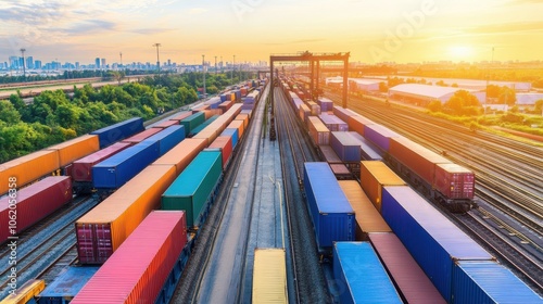 Logistics Hub with Freight Train and Shipping Containers photo