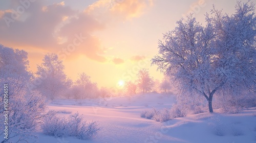 Snow-covered landscape with frosty trees and soft pink sunrise illuminating the sky, creating a peaceful winter morning scene