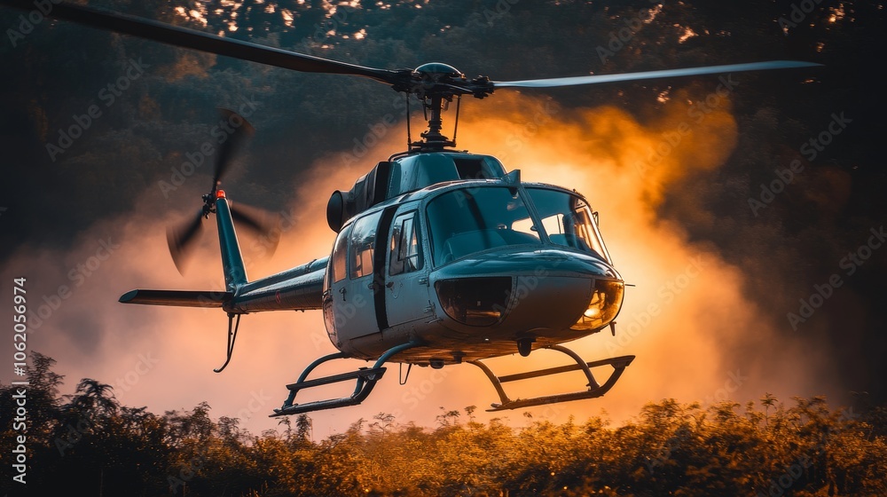 Helicopter Flying Through Golden Sunset with Smoke Helicopter Flying Through Golden Sunset with Smoke
