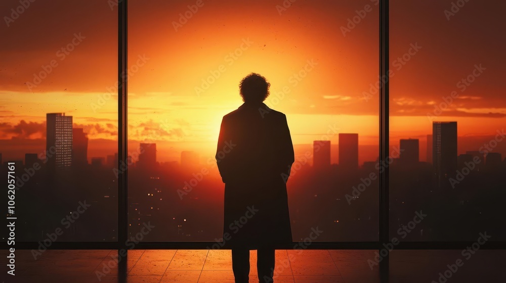 Visionary CEO at window, looking at sunrise over city, future goals Visionary CEO at window, looking at sunrise over city, future goals