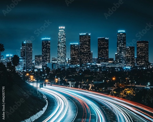 Vibrant city skyline at night showcasing illuminated skyscrapers and dynamic light trails from passing cars, creating a lively urban atmosphere.