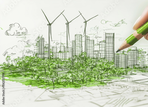 Progettare la città del futuro in modo sostenibile. ESG nelle costruzioni. Piano di costruzione. Matita che progetta la città del futuro.