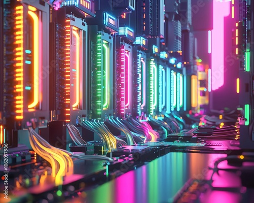 A vibrant display of modern technology with glowing cables and colorful lights, showcasing a network of interconnected servers and devices. photo