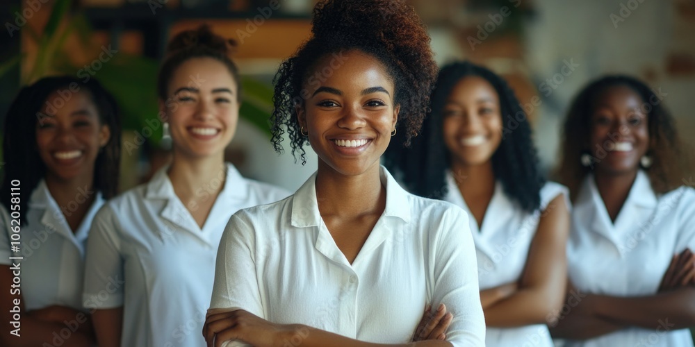 A group of healthcare workers in uniforms with big smiles. They are posed together, emphasizing their teamwork and professionalism. A group of healthcare workers in uniforms with big smiles. They are posed together, emphasizing their teamwork and professionalism.