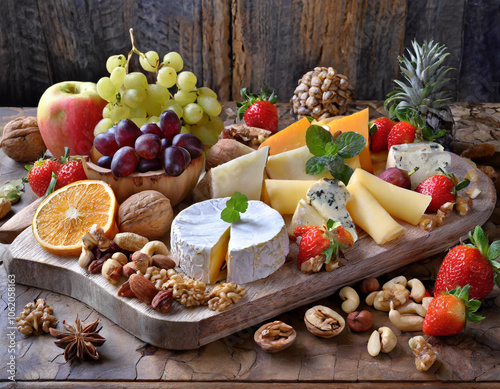 Elegant cheese board with assorted cheeses, fruits, and nuts for a festive gathering. Generative AI