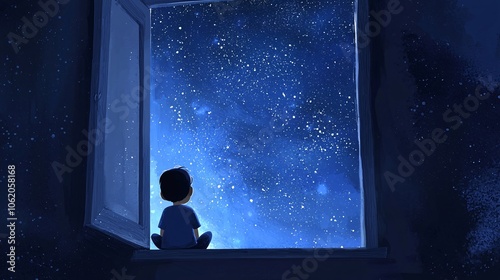 A child gazing up at a starry night sky from an open window, reflecting wonder and curiosity about the universe. photo