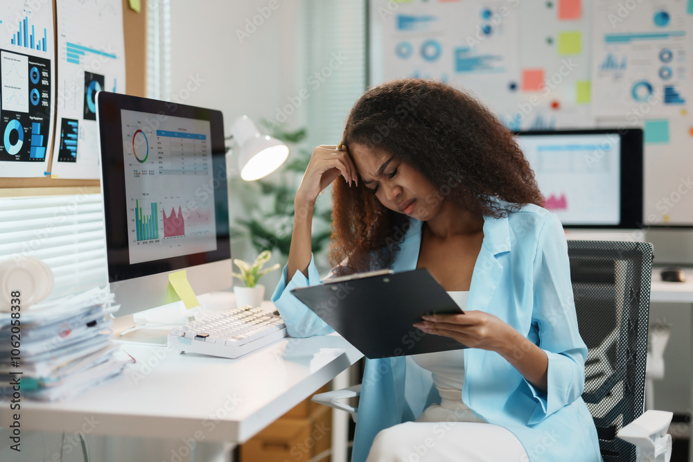 Young businesswoman feeling stressed while reading bad news on clipboard, sitting at desk in modern office Young businesswoman feeling stressed while reading bad news on clipboard, sitting at desk in modern office