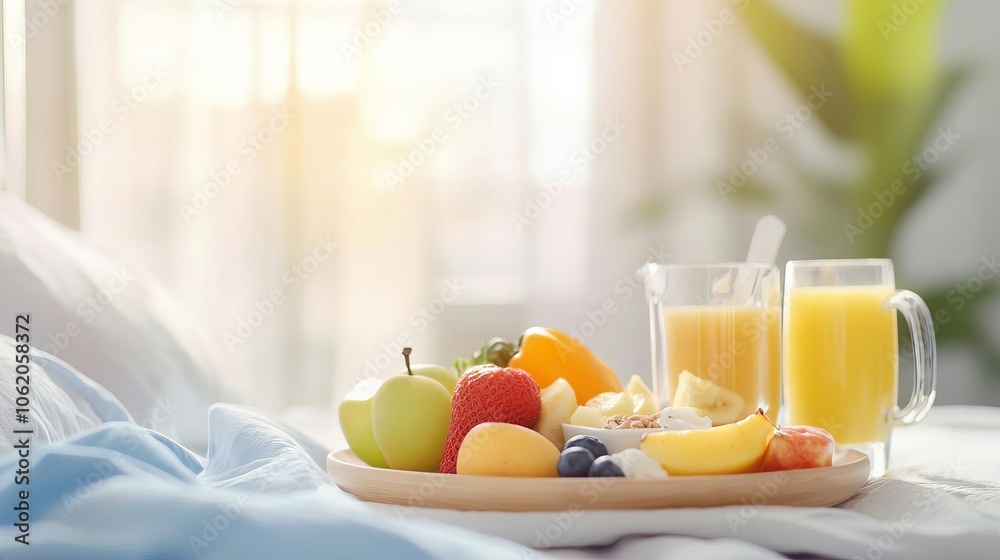 Close-up of balanced breakfast by bedside, gentle sunlight highlighting healthy choices, sleep nutrition balance Close-up of balanced breakfast by bedside, gentle sunlight highlighting healthy choices, sleep nutrition balance