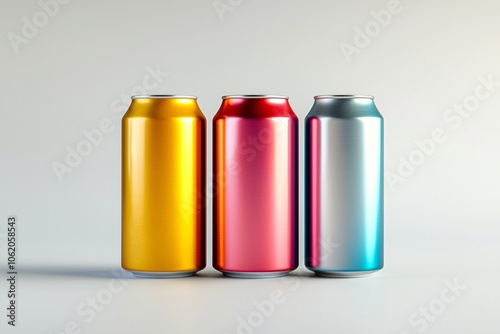 Three colorful aluminum cans of drinks, showcasing vibrant hues of yellow, red, and silver on a light background, perfect for beverage advertising.