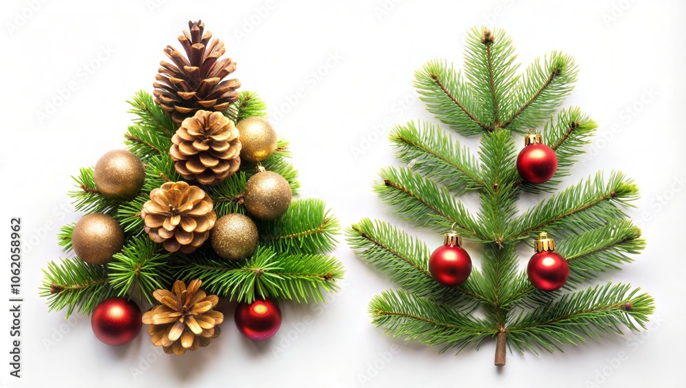 Top view Christmas branch plant tree leaf pine ornament festival lay flat white background