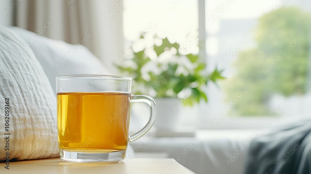 Glass of herbal tea, calming bedside scene, promoting nutrition and restful sleep, herbal tea health sleep Glass of herbal tea, calming bedside scene, promoting nutrition and restful sleep, herbal tea health sleep