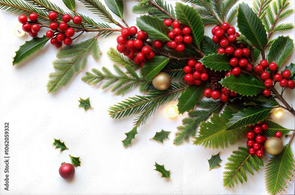 Top view Christmas branch plant tree leaf pine ornament festival lay flat white background Top view Christmas branch plant tree leaf pine ornament festival lay flat white background