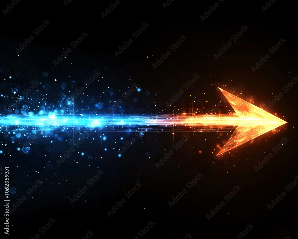 Dynamic arrow with a gradient of blue and orange colors, emitting sparks and energy, symbolizing movement and progress against a dark background.