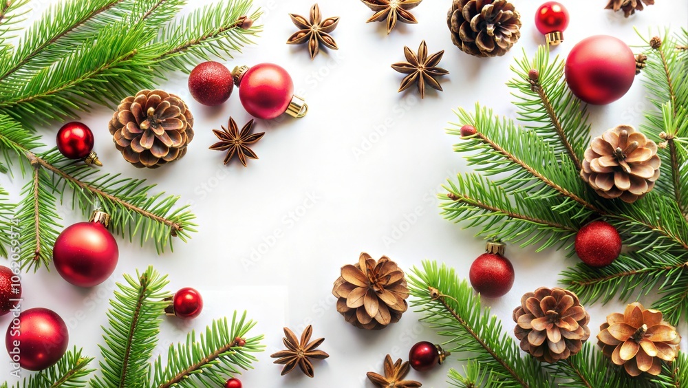 Top view Christmas branch plant tree leaf pine ornament festival lay flat white background Top view Christmas branch plant tree leaf pine ornament festival lay flat white background