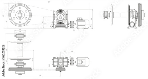 Assembly drawing of electrical conveyor with motor.
Vector design of steel mechanical device with shaft, worm gear, 
electric engine, dimension lines.
Engineering technic computer cad scheme on paper.