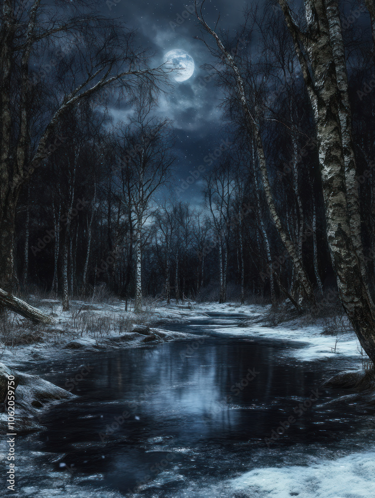 Obraz premium A tranquil winter night captures a snowy forest landscape. The still water of the river mirrors the full moon, creating a peaceful and enchanting atmosphere.