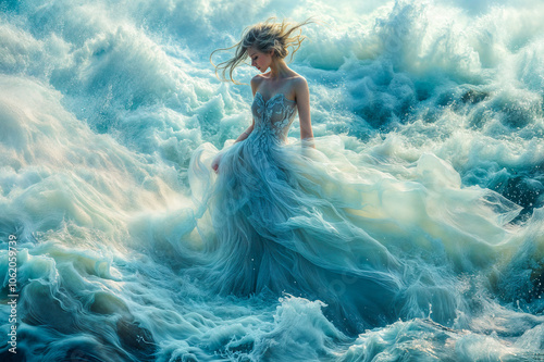 Femme en robe blanche faite de vagues et d'écume de mer