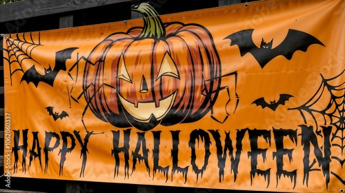 Halloween banner with pumpkin, bats, cobwebs, orange background, festive celebration
