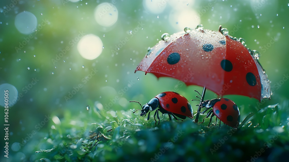 Adorable ladybug holding a tiny umbrella in the rain. Adorable ladybug holding a tiny umbrella in the rain.