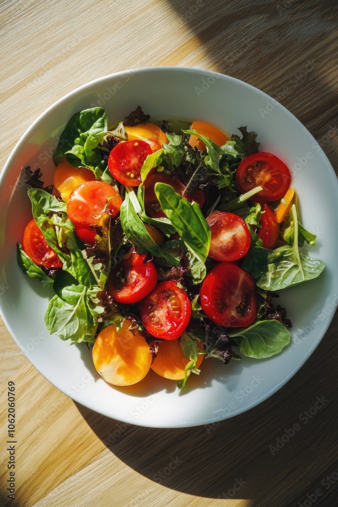 A fresh garden salad with mixed vegetables and tomatoes, served on a white plate. A healthy lunch option. A fresh garden salad with mixed vegetables and tomatoes, served on a white plate. A healthy lunch option.