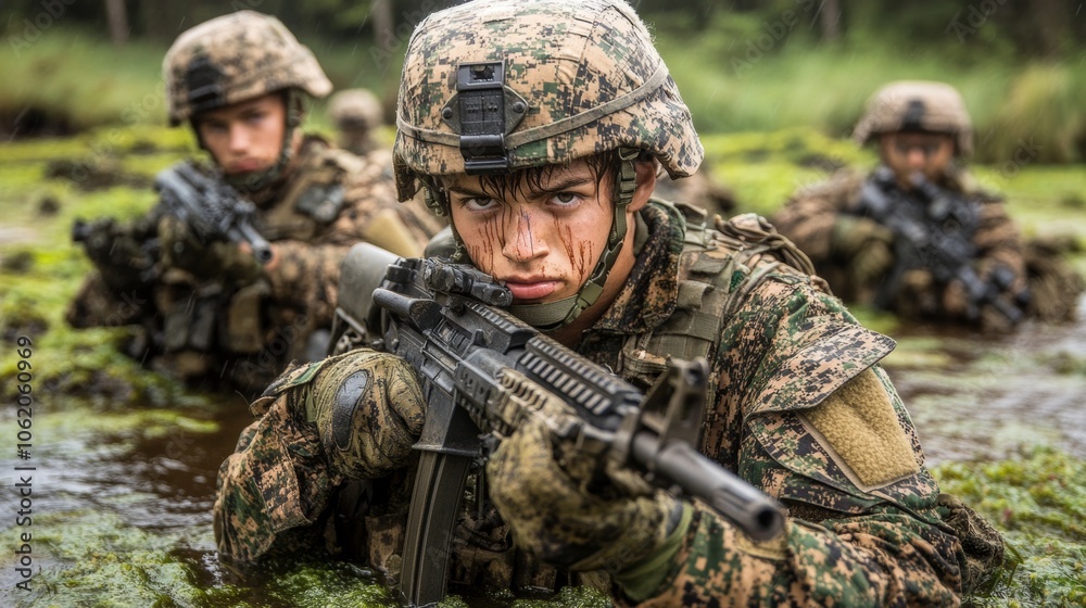 Soldier In Camouflage Uniform With Rifle During Military Training Soldier In Camouflage Uniform With Rifle During Military Training