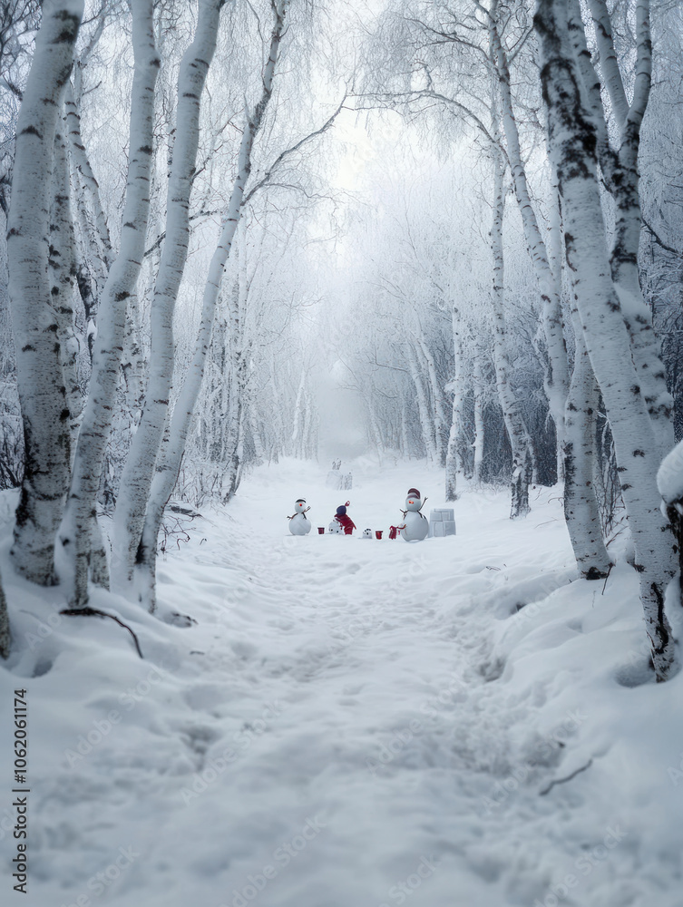 Children interact joyfully with snowmen along a snow-covered forest path lined by white trees, enveloped in light fog on a cold winter day. Children interact joyfully with snowmen along a snow-covered forest path lined by white trees, enveloped in light fog on a cold winter day.