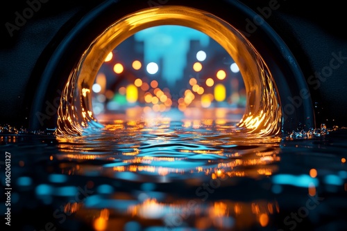 Water flowing into a storm drain with bright reflections, capturing the controlled movement of water through urban infrastructure, symbolizing structure and order photo