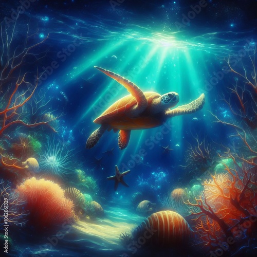 Underwater Discovery Luminous watercolor of a sea turtle explori photo