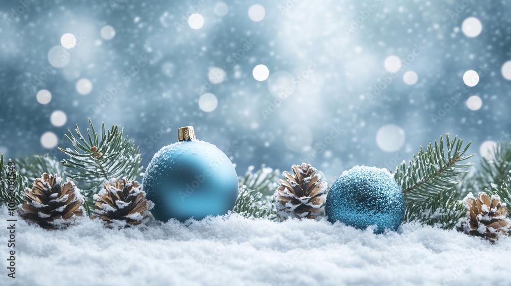 Blue Christmas ornaments, pine branches, and pine cones in snowy winter scene with bokeh background.