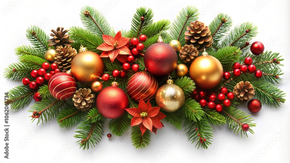 Top view Christmas branch plant tree leaf pine ornament festival lay flat white background Top view Christmas branch plant tree leaf pine ornament festival lay flat white background