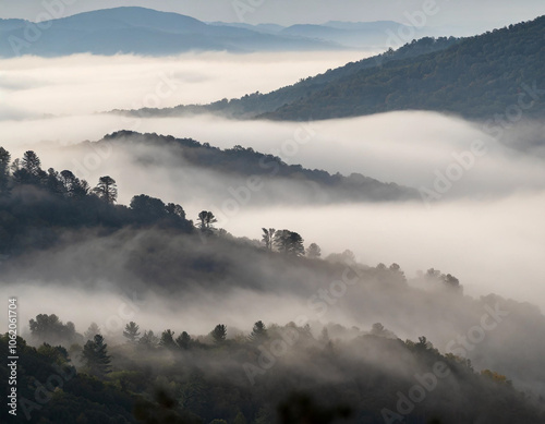 Misty firefly fog envelops rolling mountains at dawn over tranquil landscape. Generative AI