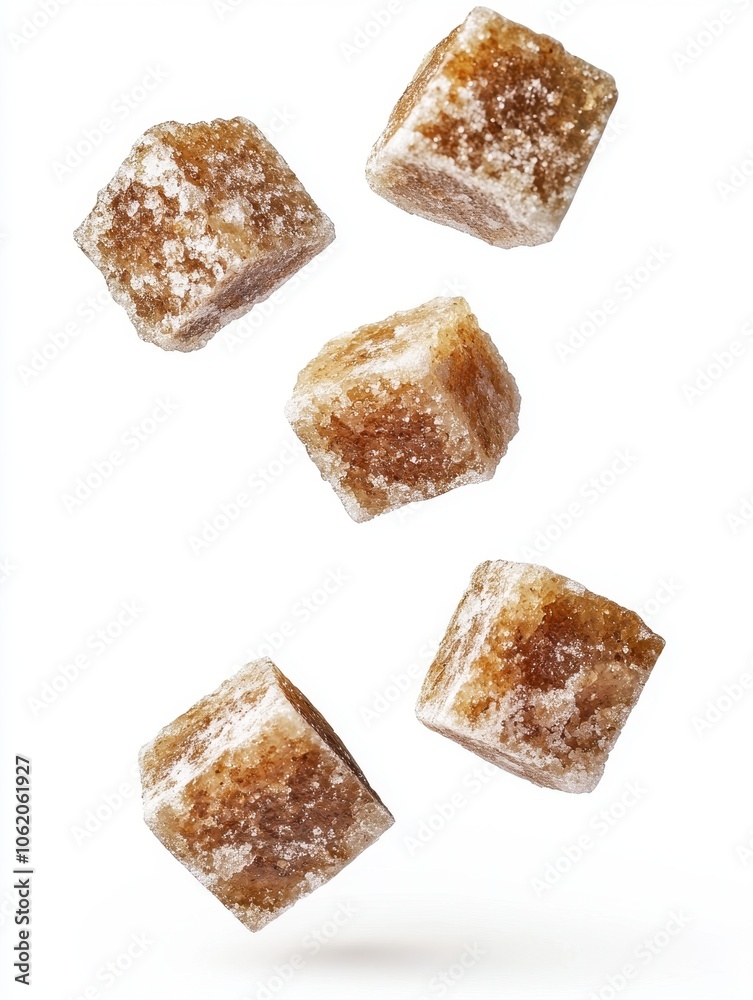 Multiple brown cane sugar cubes in mid-air, isolated against a white background. Ideal for themes related to natural sweeteners, culinary ingredients, and food photography. Multiple brown cane sugar cubes in mid-air, isolated against a white background. Ideal for themes related to natural sweeteners, culinary ingredients, and food photography.