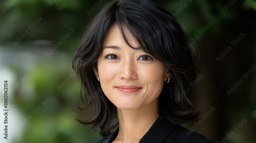 自然な背景で屋外で微笑む自信のあるプロの女性 自然な背景で屋外で微笑む自信のあるプロの女性