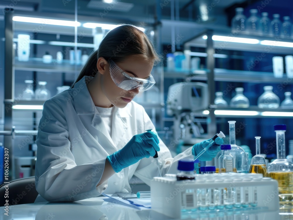 Scientist in Lab Conducting Research with Laboratory Equipment and Chemicals. Scientist in Lab Conducting Research with Laboratory Equipment and Chemicals.