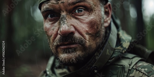 Soldier in military gear, muddy from combat and outdoors.