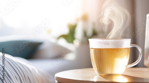 Steaming cup of chamomile tea on a wooden bedside table, dimly lit for cozy relaxation, tea sleep relaxation photo