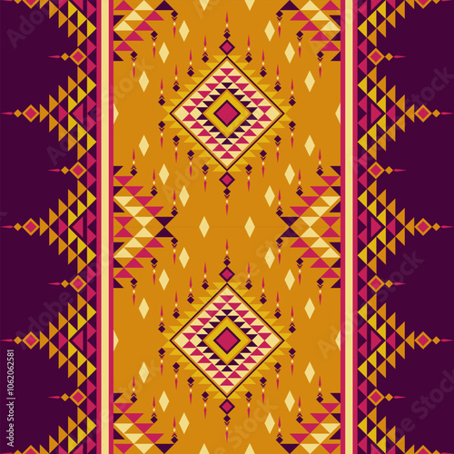 Southeast Asian tribal pattern Navajo Aztec motifs in purple, red, and yellow, perfect for textiles, wallpapers, home decor, and more, capturing timeless cultural heritage and geometric designs