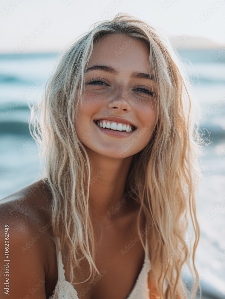 A cheerful blonde woman enjoying a day at the beach. A cheerful blonde woman enjoying a day at the beach.