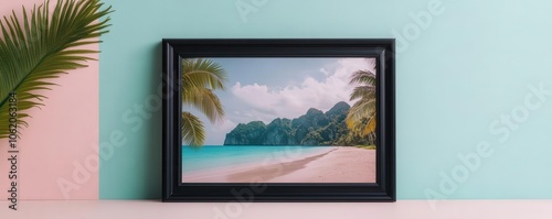 A framed beach landscape photo featuring turquoise water, palm trees, and distant mountains against a pastel backdrop.