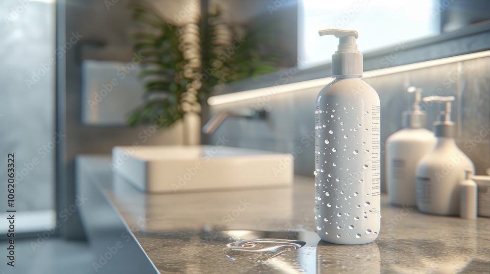 A modern bathroom scene highlighting a cleanser bottle, emphasizing freshness and cleanliness. A modern bathroom scene highlighting a cleanser bottle, emphasizing freshness and cleanliness.