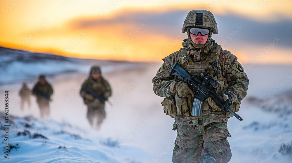 Soldier in Camouflage Gear Walking Through Snowy Landscape at Sunset