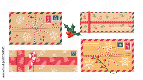 Christmas Envelopes Feature Festive Decorations Including Holly Leaves And Berries, Snowflakes, Candy Canes And Stamps