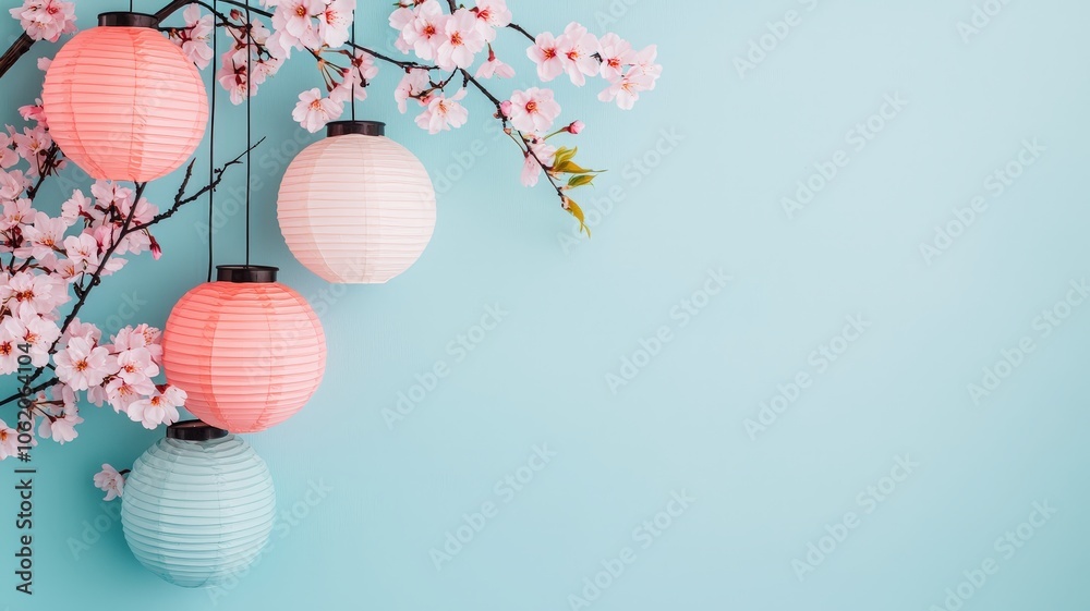 Vibrant Sakura Lanterns Against Soft Blue Background Vibrant Sakura Lanterns Against Soft Blue Background