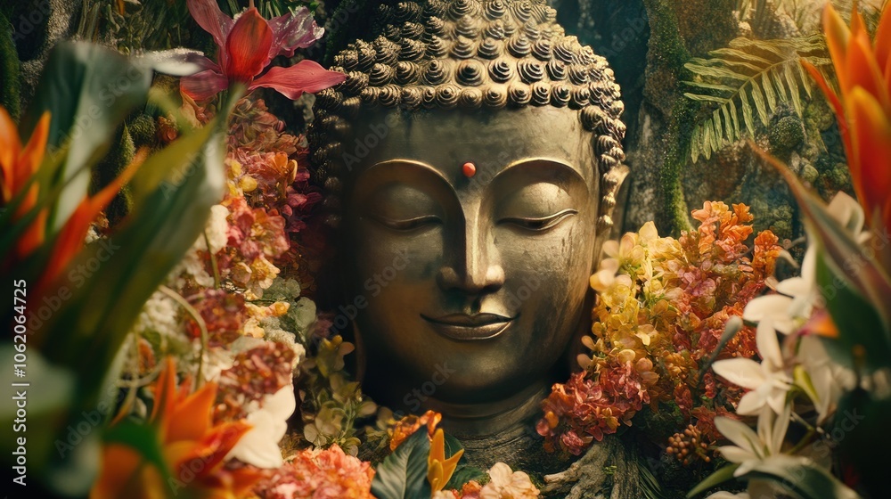 A close-up of a Buddha statue with intricate details, surrounded by colorful flowers and plants, showcasing the beauty of nature and spirituality intertwined.