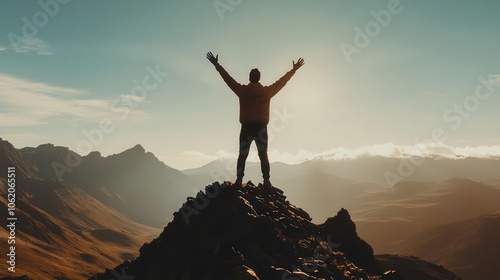 Person standing on peak, hands raised in victory, business success