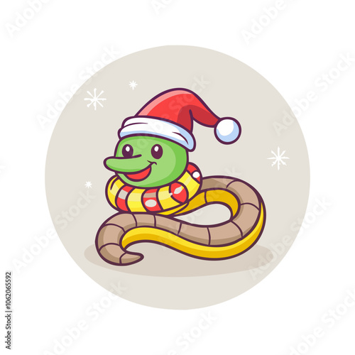 ute cartoon snake with Santa hat and scarf in winter