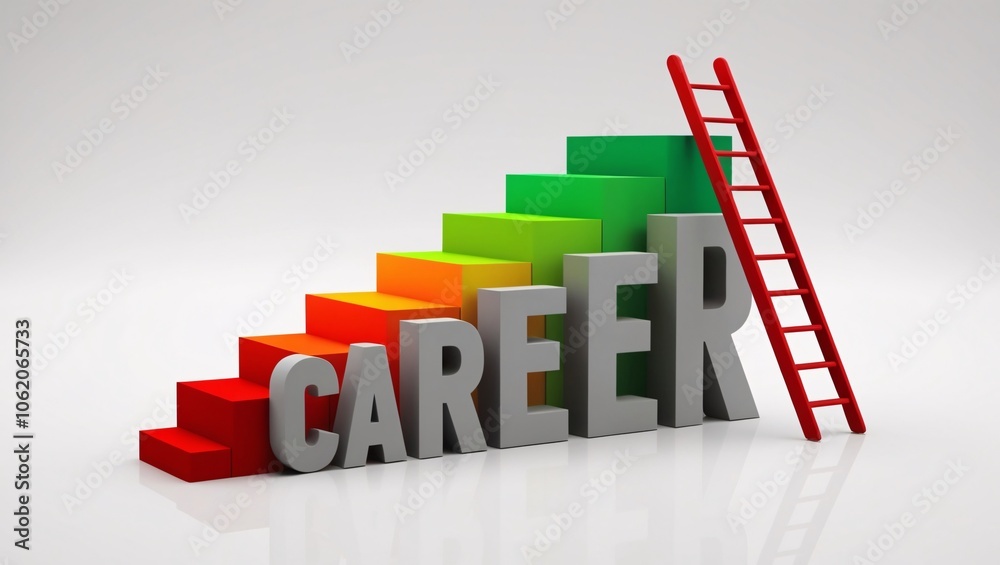 Career Growth concept in large gray letters, ascending green bar graph, orange platform, red ladder V7 Career Growth concept in large gray letters, ascending green bar graph, orange platform, red ladder V7