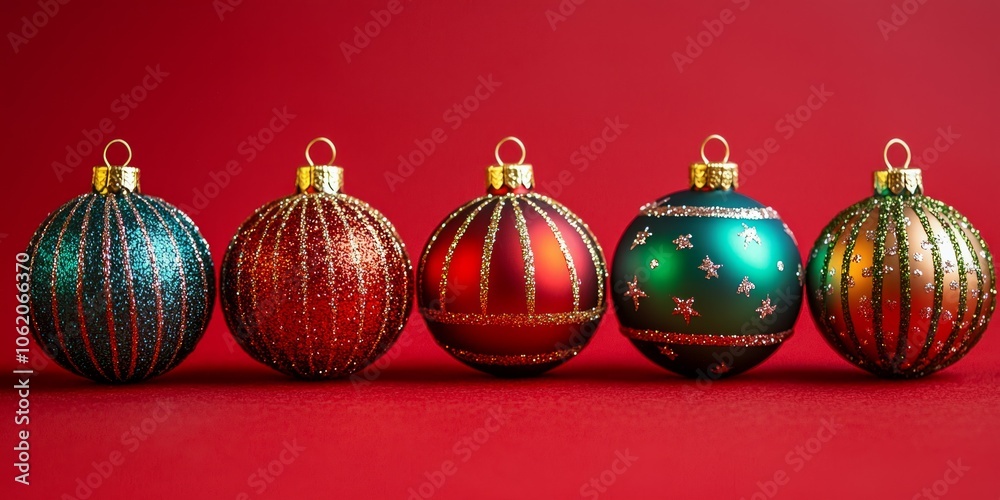 Red green yellow Christmas ornament balls on red background Red green yellow Christmas ornament balls on red background