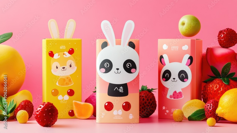 A colorful milk carton package featuring cute kawaii animal characters like a bunny and panda, surrounded by vibrant fruit and berry illustrations for a playful children product. A colorful milk carton package featuring cute kawaii animal characters like a bunny and panda, surrounded by vibrant fruit and berry illustrations for a playful children product.